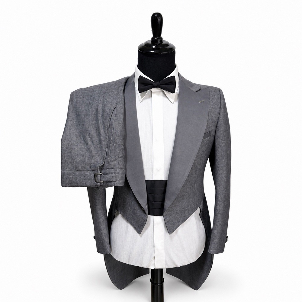 Vtg Pierre Cardin Tailcoat Tuxedo Suit Satin Lapel 38R 30x33 Waist Cinch Tab